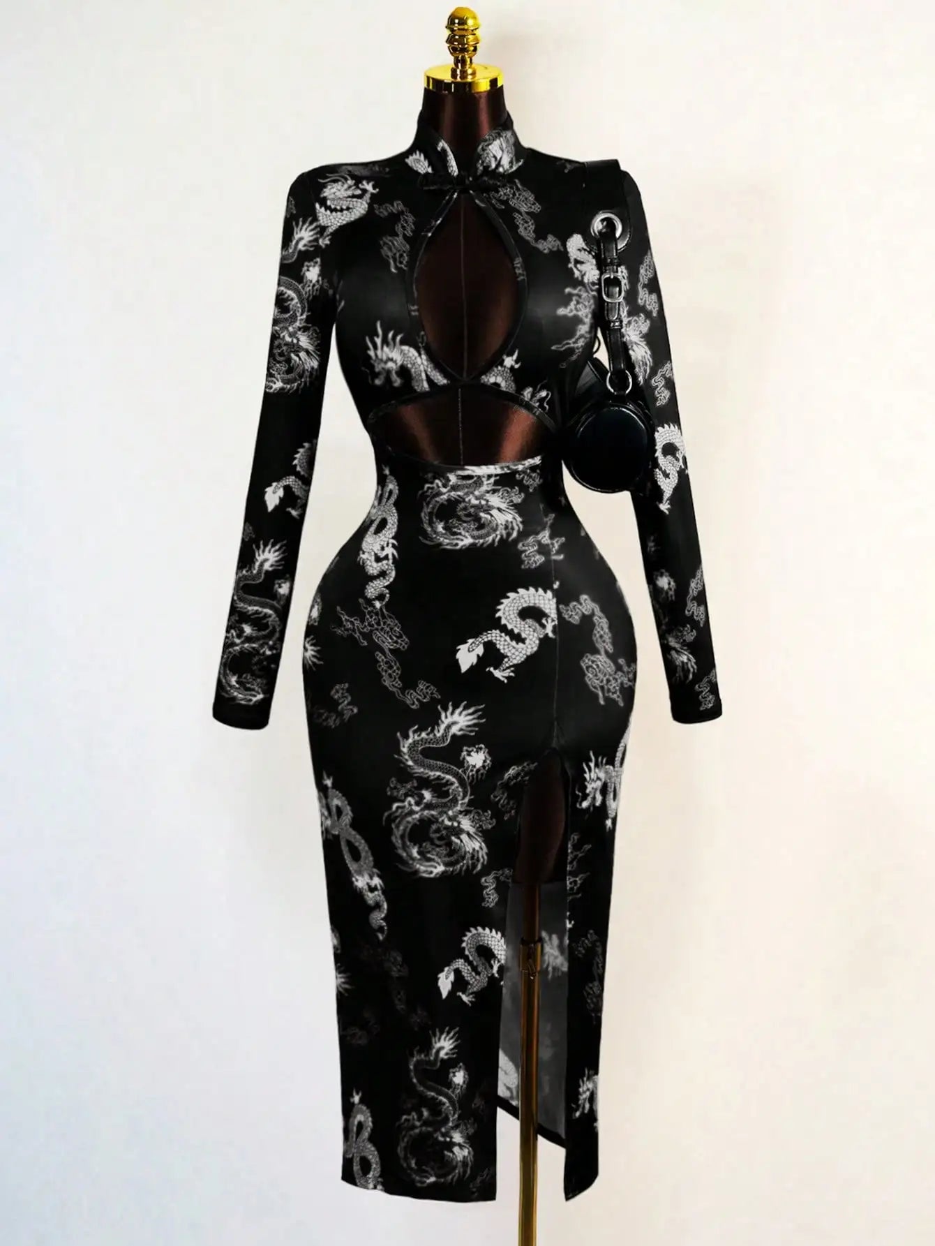 Dragon Print Faux Dress with Hollow Front & High Slit