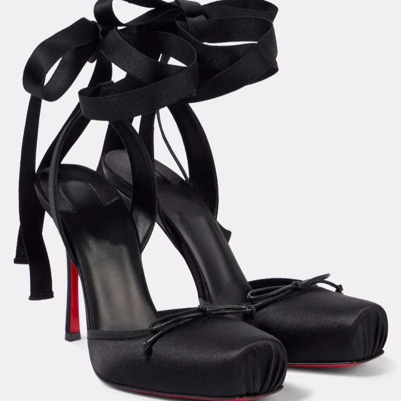 Square Satin Ballerina High-heeled With Ankle Straps