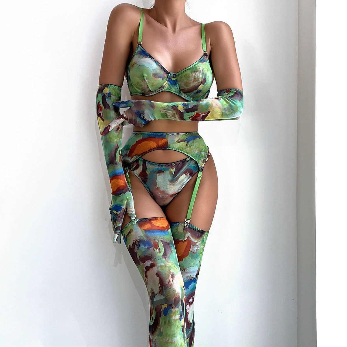 Army Green Mesh Floral 4-Piece Set