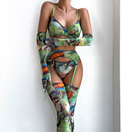 Army Green Mesh Floral 4-Piece Set