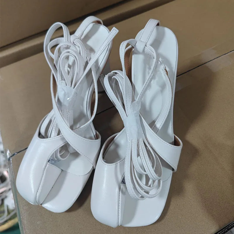 Summer spilt toe heel lace up slides