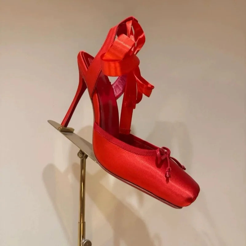 Square Satin Ballerina High-heeled With Ankle Straps