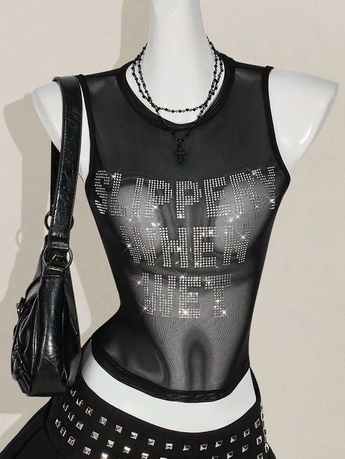 Y2K Black Mesh Rhinestone SLIPPERY WHEN WET Sheer Top