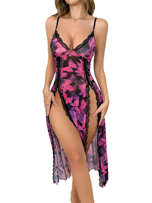 Pink butterfly Nightdress Backless Deep V