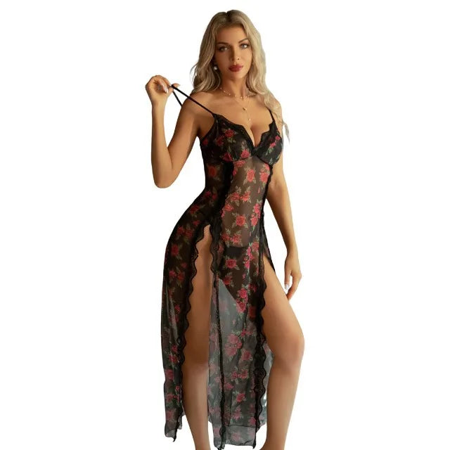 Rose Print Deep V Strap Sleepwear