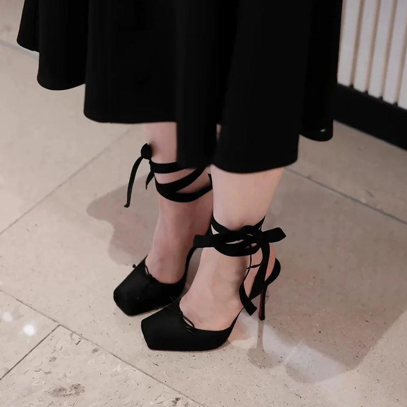 Square Satin Ballerina High-heeled With Ankle Straps
