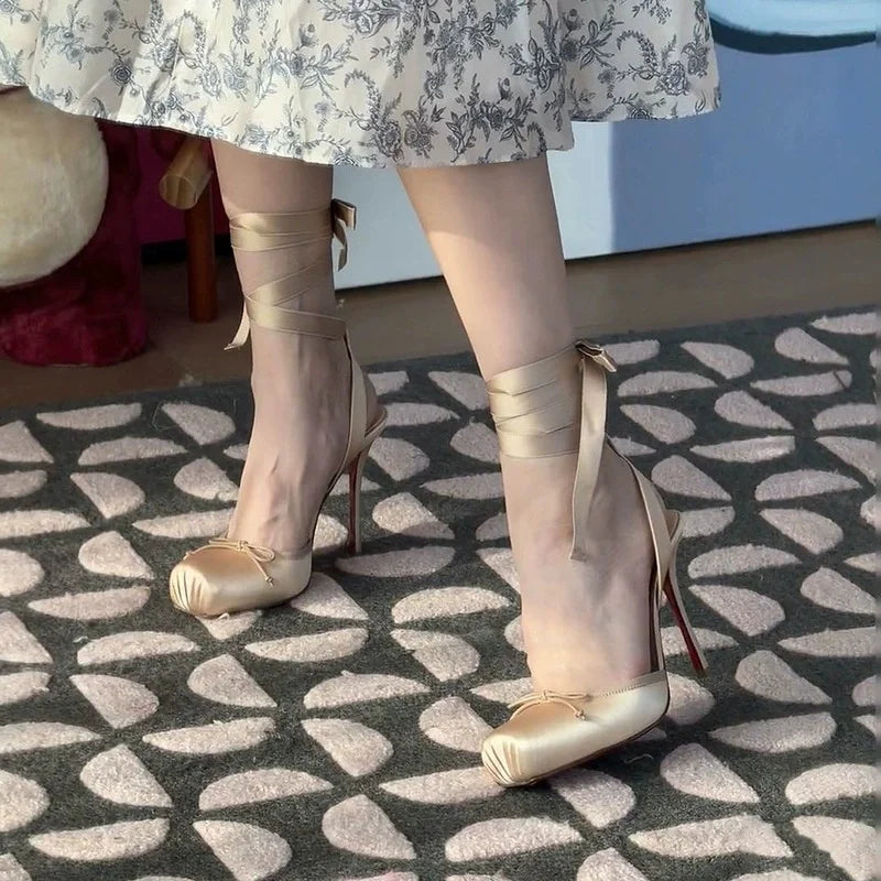 Square Satin Ballerina High-heeled With Ankle Straps