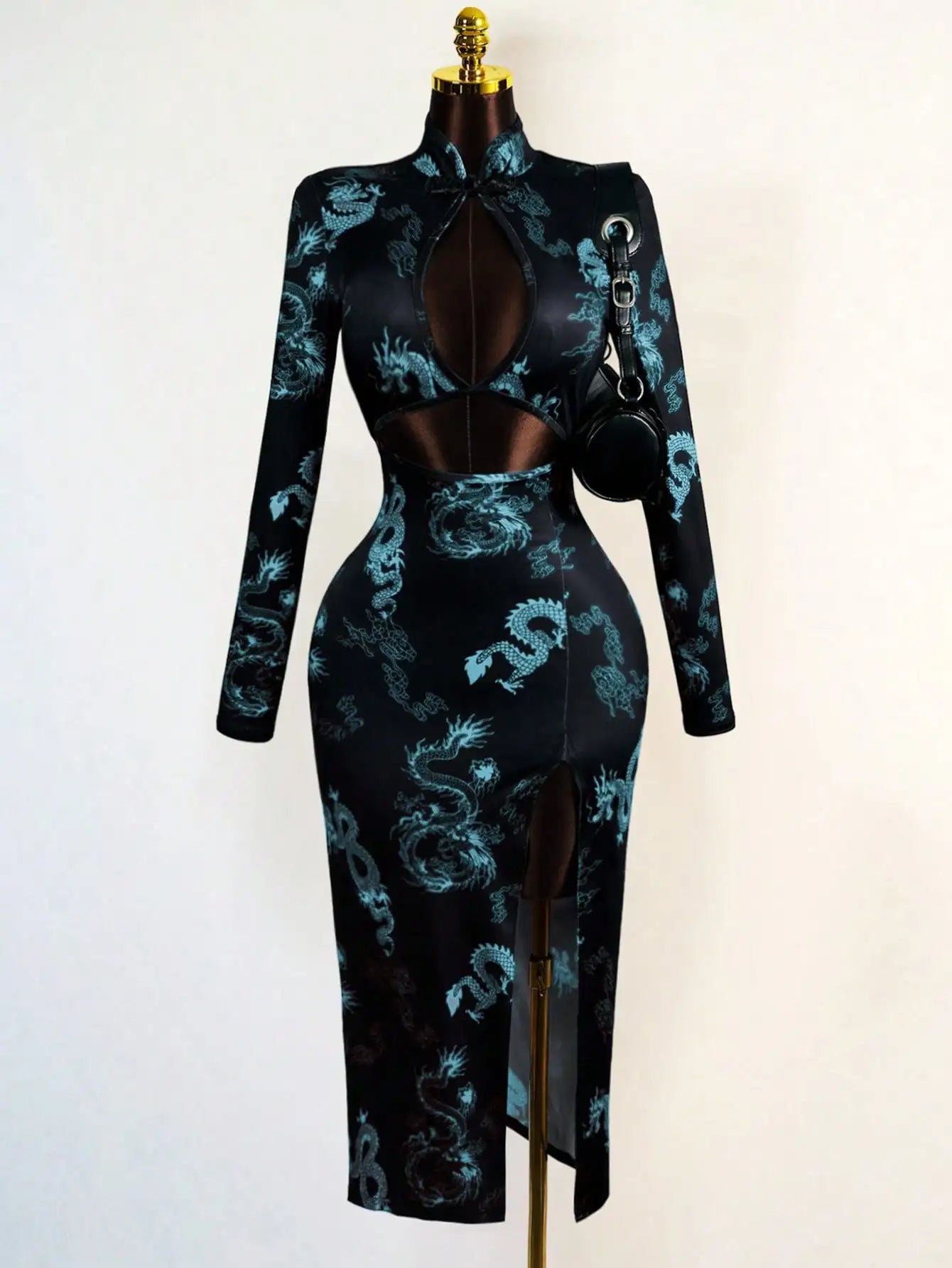 Sexy Dragon Print Dress with Hollow Front & High Slit
