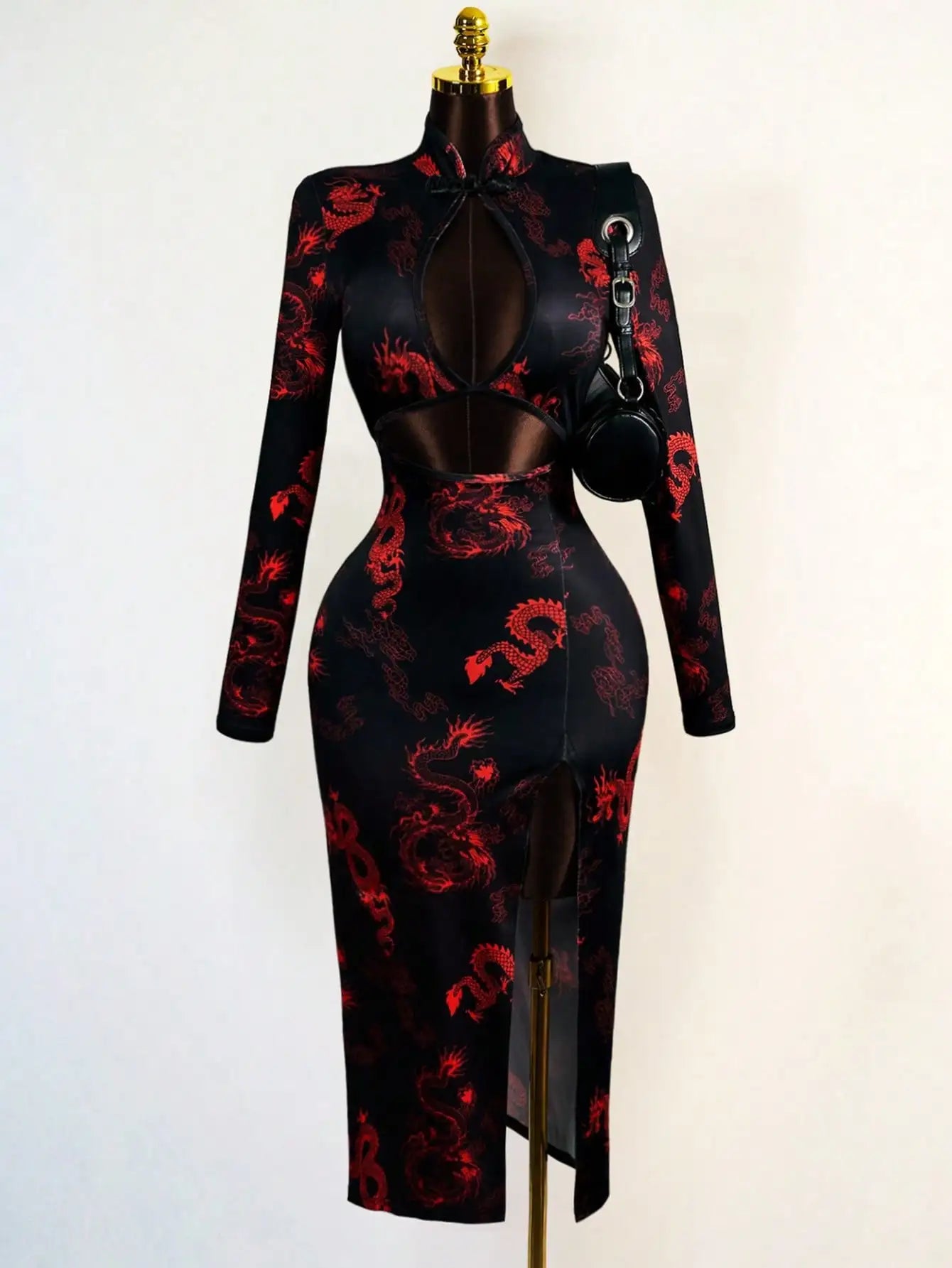Sexy Dragon Print Dress with Hollow Front & High Slit