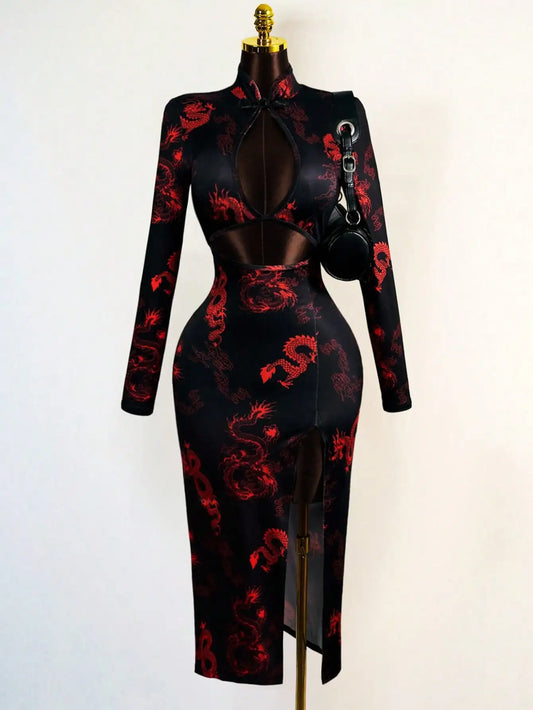 Sexy Dragon Print Dress with Hollow Front & High Slit