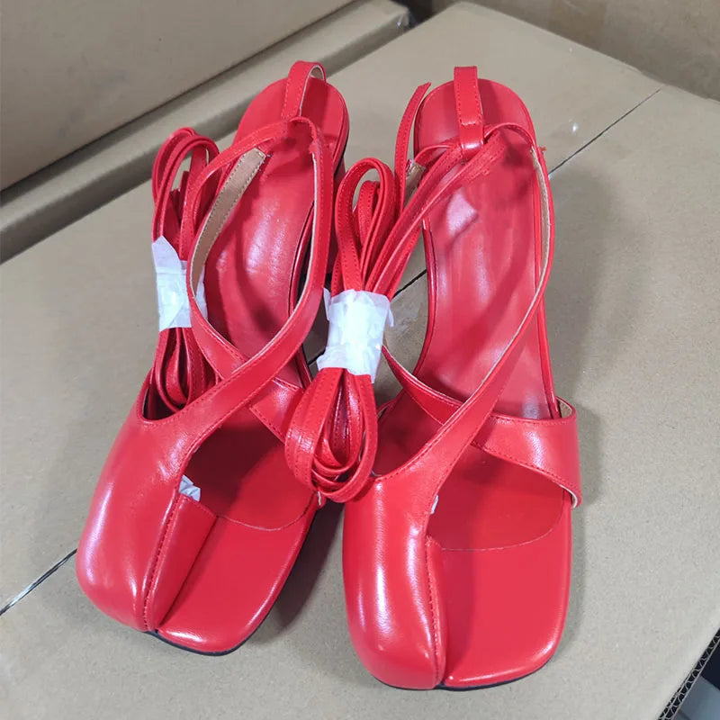 Summer spilt toe heel lace up slides