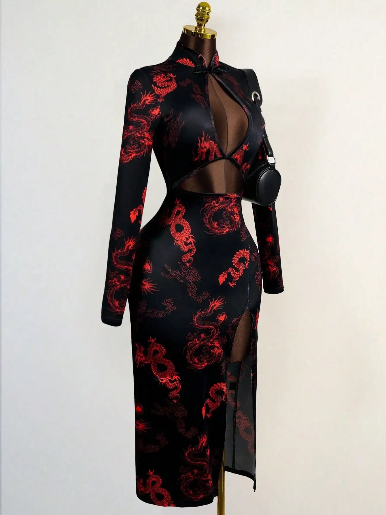 Sexy Dragon Print Dress with Hollow Front & High Slit